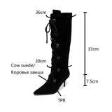 Joskaa Autumn Women's Boots Cow Suede Leather Shoes for Women Pointed Toe Thin Heel Black Boots Retro Long Boots Women Knee High Boots