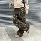 Joskaa American Street Oversized Leopard Print Cargo Pants Y2k Grunge High Waist Straight Trousers Spring New Loose Wide Leg