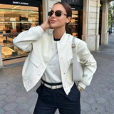 Back To School Joskaa woman bomber jacket coat White autumn winter button baseball aviator cropped jackets for women long sleeve crop outerwear