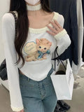 Back To School Joskaa Cartoon Cat Graphic T Shirts Women Kawaii Kitten Cutecore Long Sleeve Tees 2000s Japanese Harajuku Y2k Crop Tops Clothes