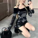 Joskaa Korean Sexy Halter Off Shoulder T-shirts Spring Autumn New Slim Fit Print Black Tee Shirt Y2k Grunge Long Sleeve Tops Women