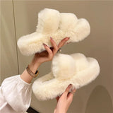 JOSKAA New Winter Open Toe Slipper Fashion Fur Thick Sole Flats Heel Ladies Casual Slip On Bedroom Shoes Soft Outdoor Slides Shoes