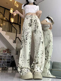 Joskaa American Retro Leopard Print Jeans for Women Y2k E-Girl High Waist Straight Trousers 2024 Summer New Loose Wide Leg Pants