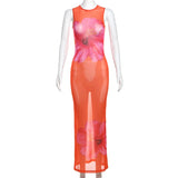 Joskaa Orange Flower Print Dress Women Sexy Mesh See Through Slim Beach Dresses Summer Sleeveless Maxi Holiday Dress 2024 Beachwear