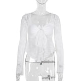 Black Friday Joskaa Sexy White Lace Bows Long Sleeve T-Shirt Top For Women Summer New See Through Hot Girl Slim Fit Long Sleeved Top Pullover