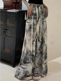 Joskaa New Chinese Ink Painting  Straight Trousers Y2k E-Girl High Waist Loose Wide Leg Pants 2024 Summer Thin Black Skirts