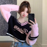 Joskaa Korean Sweet V-neck Off Shoulder Pullovers 2024 Autumn New Embroidery Lazy Tops Women Y2k E-Girl Long Sleeve Sweaters Mujer