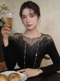 Black Friday Joskaa White Off Shoulder Knit Sweater Women Lace Transparent Mesh Long Sleeve Crop Pullovers Fairycore Aesthetics Clothes Chic