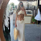 Joskaa Apricot Beach Skirt Sets Women Fashion 3 Piece Bikini Set with Cover Up Sexy Halter Crop Top and Long Skirt Holiday Outfits 2024