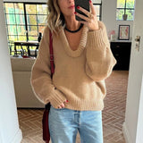 Black Friday Joskaa Fashion Casual Round Knit Sweater For Women Solid Color Loose Autumn 2024 New Pullovers Long Sleeve Female Knitted Top