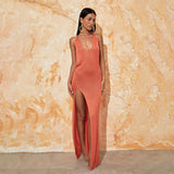 Joskaa Orange Knitted Maxi Beach Dress Women Sexy Split Backless Slim Long Bikini Cover Up Dress 2024 Summer Holiday Outfits Sleeveless