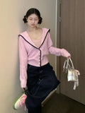 Black Friday Joskaa Y2k Pink Knitted Cardigan Sailor Collar Long Sleeve Sweater Women Korean Fashion Preppy Style Autumn Winter Cute Clothes