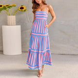 Joskaa Women Dresses Summer Spaghetti Straps Maxi Dress Fashion Casual Stripe Printed Sleeveless With Pocket Sexy Long Dress For Junior