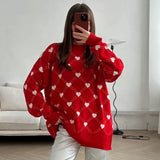 Black Friday Joskaa Heart Printed Knitted Sweater For Women Mid Length Knitted O-Neck Pullover Sweater Loose Long Sleeve Autumn Winter New