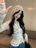 Joskaa Sweet Lace Embroidery Hoodie T-shirt for Women Y2k Long Sleeve Sun Protection Coat 2024 Early Autumn New Slim Fit Tops Mujer