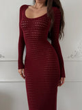 Black Friday Joskaa TRAUXY Sexy Hollow Knitted Dress For Women Long Sleeve Plunge Crocheted High Street Angora Red Bodycon Dress Lady Autumn Fashion