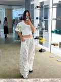 Joskaa Fashion Sweet Floral Print Pants for Women 2024 Summer New High Waist Drawstring Trousers Y2k Straight Loose Wide Leg