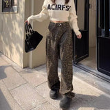 Joskaa Retro Spring Trendy Leopard Print Jeans Women's American High Street Trousers Y2K Harajuku Style Baggy  Waist Casual Pants