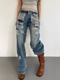 Joskaa 2024 New Washed Hole Blue Jeans for Women Y2k Grunge High Waist Straight Denim Pants Fashion Vintage Loose Wide Leg