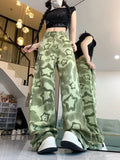 Joskaa American Street Hiphop Camouflage Star Jeans for Women 2024 Summer New Straight Denim Pants Y2k E-Girl Loose Wide Leg