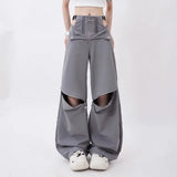 Joskaa Gray Cargo Pants Female 2024 Summer Casual Original Retro Multi Zip Pocket Two Wear Design Drawstring  Oversized Trousers