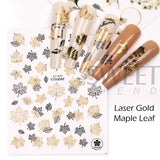 Joskaa Laser Gold Geometry Maple Nail Manicure Stickers Shinning Autumn Leaves Frame Ginkgo Decals Fall DIY Decoration Sliders LYCJ-076