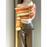 Joskaa American Sexy One Shoulder Striped Sweaters 2024 Lazy Slim Fit Knitted Tops Women Y2k E-Girl Long Sleeve Pullovers Mujer