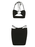 Back To School Joskaa Women's Three-Piece Clothes Beachwear Outfits Halterneck Sleeveless Hollow Out Bra Tops + Thong + Skirt Bikinis Set