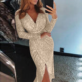 Joskaa Women Sexy Deep V Sequins Party Dress Wrap Ruched Long Sleeve Formal Dress For Women Wedding Guest Evening Party Dresses