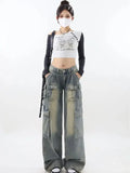 Back To School Joskaa Blue Cargo Jeans Women Y2k Fashion Oversize High Waist Multi-pocket Wide Leg Denim Trouser Harajuku Retro Do Old Bottoms