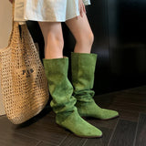 Joskaa NEW Autumn Women Boots Flock Shoes for Women Square Toe Chunky Heel Female Boots Concise Long Boots Women Green Knee High Boots