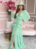 Back To School Joskaa Elegant Hollow Lace Spliced Chiffon Ruffle Long Dress Women Sexy Deep V-neck Lantern Sleeves Maxi Dresses 2024 Lady Party Robes