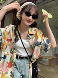 Back To School Joskaa Vintage Hawaii Beach Cover-Ups for Women Harajuku Floral Print Oversize T-shirts Female Couples Outfits Casual Clothes