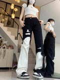 Joskaa Trend Street Black White Denim Pants Women Y2k E-Girl High Waist Irregular Trousers Summer Loose Straight Wide Leg  Jeans