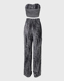 Joskaa Elegant Two Piece Set for Women Velvet Contrasting Sequins Strapless Top Pockets Pants High Waist Straight Pants Matching Sets