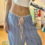 Joskaa Harajuku Colored Stripes Straight Pants Women Low-waisted Drawstring Wide Leg  2024 American Holiday Style New