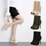 Joskaa Style Peep Toe Ankle Boots Stretch Women Fabric Out Breathable Booties Sexy Dance Pole Ladies Pumps Shoes 2024