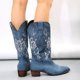 Joskaa Retro Pointy Toe Ankle Boots  Winter New Blue Canvas Denim Boots Women Casual Embroidered Western Cowboy Boots Botines Mujer