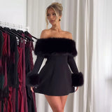 Joskaa Strapless Backless Fluff Sexy Dress For Women 2025 Robes Elegant Evening Party Dress Bodycon Mini Winter Dress Vestidos