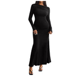 Joskaa Women'S Autumn And Spring Long Sleeved Slim Fit Dress Solid Color Package Hip Slim Dresses Fashion Beach Splicing Maxi Dress