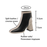 Joskaa NEW Autumn Women Boots Split Leather Shoes for Women Square Toe Chunky Heel Shoes Zipper Ankle Boots Mixed Colors Modern Boots