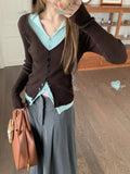 Black Friday Joskaa Y2K Brown and Mint Green Fake Two Pieces Knitwear Slim Button Up Cardigan Autumn Winter Ribbed Sweater Women Korean Chic