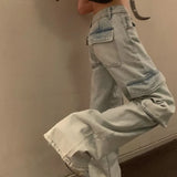 Joskaa Oversize Ashed Multiple Pockets Denim Cargo Pants Women American High Waist Straight Trousers 2024 New Loose Wide Leg