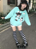 Black Friday Joskaa Kawaii Anime Print Sweater for Women Cutecore Green Knitted Pullover Japan Style Long Sleeve Oversized Winter Clothes