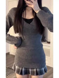 Joskaa Lazy Retro V-neck Off Shoulder Sweater for Women Autumn Winter New Knitted Tops Mujer Y2k Slim Fit Long Sleeve Pullovers