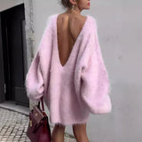 Black Friday Joskaa 2024 Autumn Long Sleeve Sexy Big Backless Knitted Sweater Dress For Women Fashion Solid Loose Sweater Pullover Streetwear