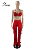 Joskaa Solid Color Bikini Tops and Hollow Out Bandage Flare Pants Two Piece Set Women Clothing Summer 2024 Sexy Club Outfits