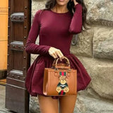 Black Friday Joskaa Elegant Folds Backless Long Sleeve Dress For Women Slim Fit Ball Gown Mini Dress Patchwork Solid Female Autumn New 2024