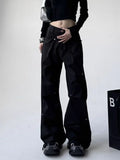 Joskaa Sweet Cool Black Cargo Pants for Women 2024 Summer New High Waist Rivet Trousers Y2k Grunge Straight Loose Wide Leg