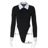 Black Friday Joskaa Polo Collar Sexy Slim Bodysuits For Women Long Sleeve Waist Hollow One-Piece Bottoming Top Contrast Color Autumn Fashion